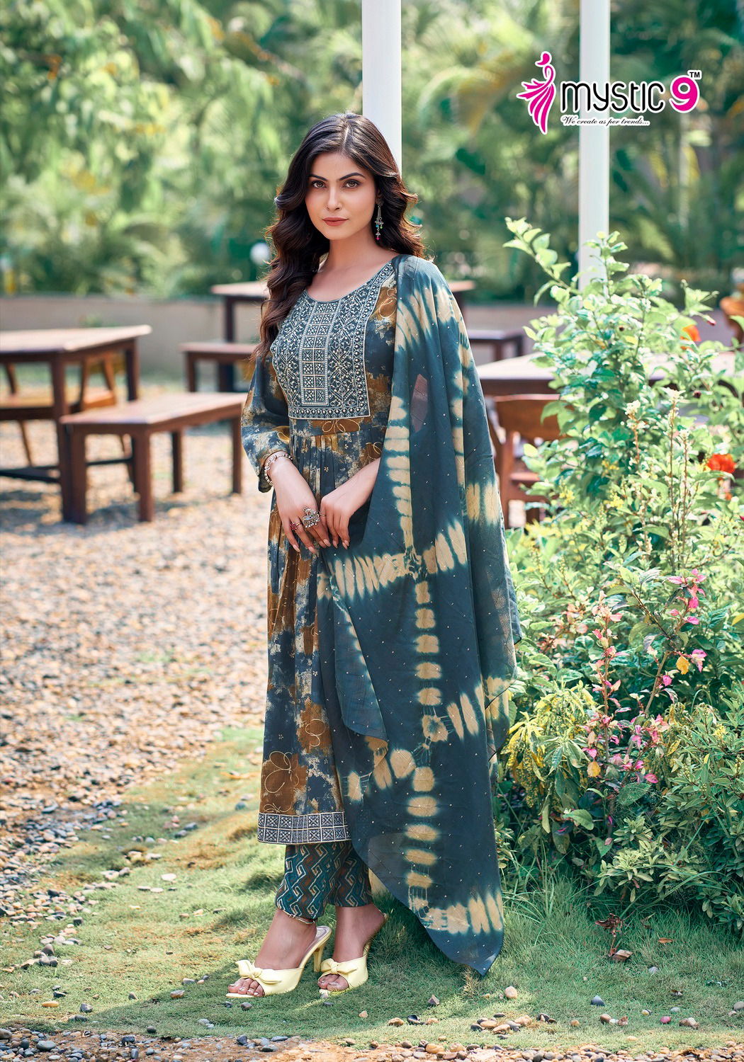 Sara Vol 4 By Mystic 9 Naira Cut Rayon Printed Kurti With Bottom Dupatta Wholesalers In Delhi
